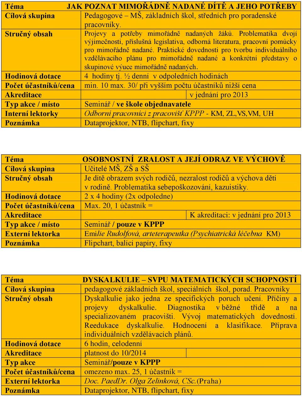 Praktické dovednosti pro tvorbu individuálního vzdělávacího plánu pro mimořádně nadané a konkrétní představy o skupinové výuce mimořádně nadaných. Hodinová dotace 4 hodiny tj.