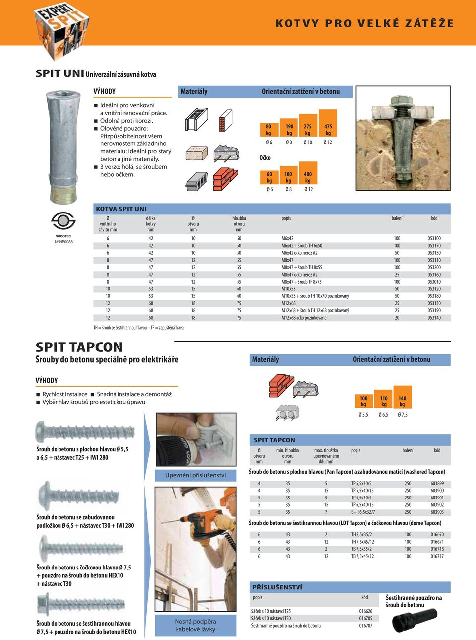 Materiály Orientační zatížení v betonu 80 190 275 475 kg kg kg kg Ø 6 Ø 8 Ø 10 Ø 12 Očko 60 100 400 kg kg kg Ø 6 Ø 8 Ø 12 N o NP0088 KOTVA SPIT UNI Ø délka Ø hloubka popis balení kód vnitřního kotvy