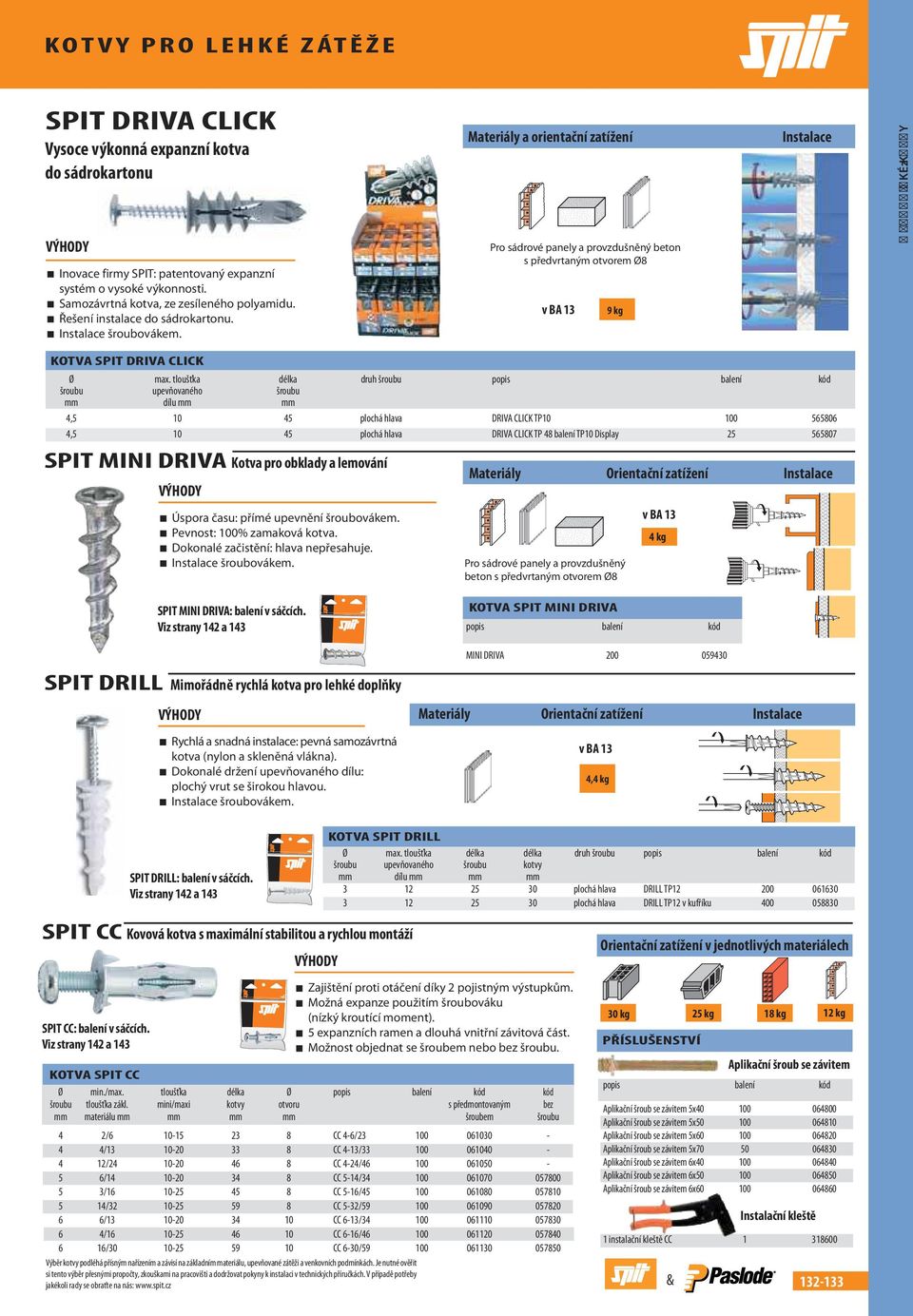 Materiály a orientační zatížení Pro sádrové panely a provzdušněný beton s předvrtaným otvorem Ø8 v BA 13 9 kg Instalace M E C H A N I C KÉ KO T V Y KOTVA SPIT DRIVA CLICK Ø max.