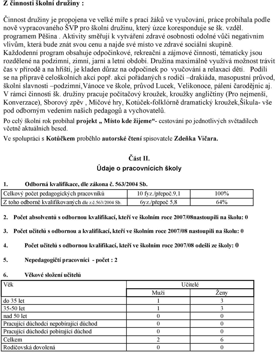 Každodenní program obsahuje odpočinkové, rekreační a zájmové činnosti, tématicky jsou rozdělené na podzimní, zimní, jarní a letní období.