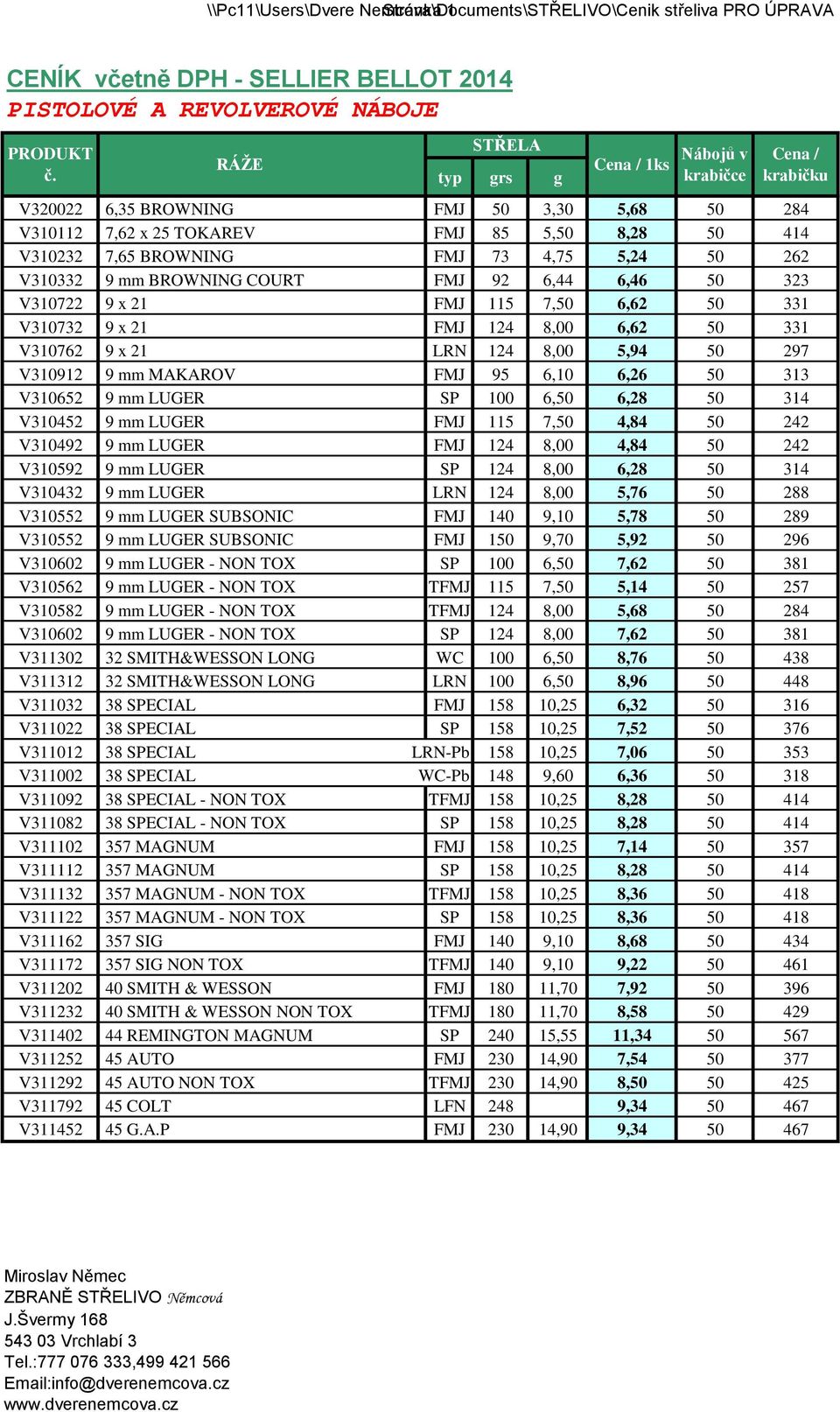 9 x 21 FMJ 124 8,00 6,62 50 331 V310762 9 x 21 LRN 124 8,00 5,94 50 297 V310912 9 mm MAKAROV FMJ 95 6,10 6,26 50 313 V310652 9 mm LUGER SP 100 6,50 6,28 50 314 V310452 9 mm LUGER FMJ 115 7,50 4,84 50