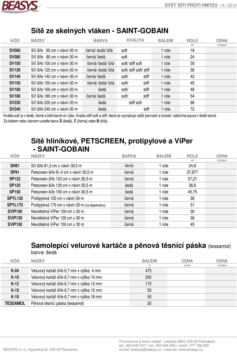 šíře 140 cm x návin 30 m / šedá soft/ stiff 1 role 42 SV150 Síť šíře 150 cm x návin 30 m / šedá/ soft/ stiff 1 role 45 SV160 Síť šíře 160 cm x návin 30 m šedá soft/ stiff 1 role 48 SV180 Síť šíře 180