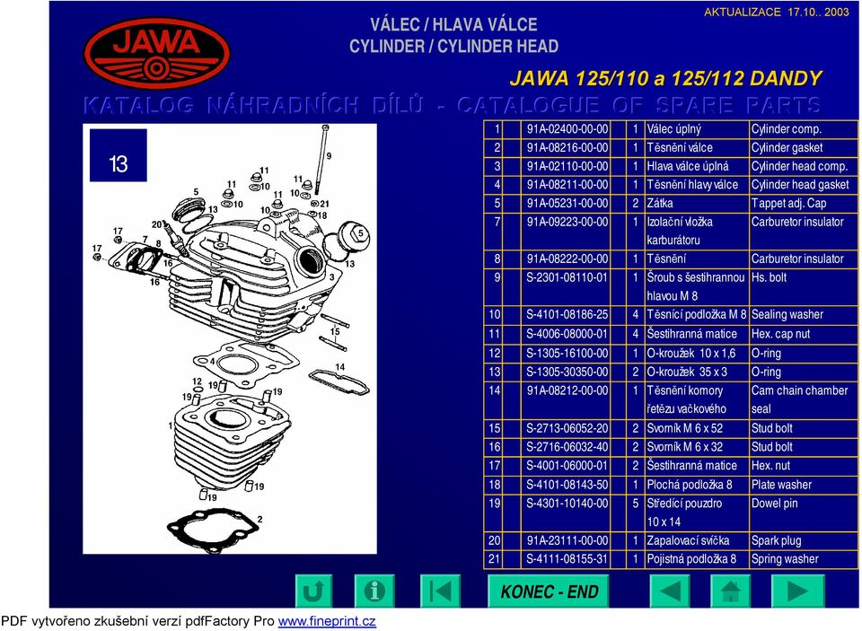 4 91A-08211-00-00 1 Těsnění hlavy válce Cylinder head gasket 5 91A-05231-00-00 2 Zátka Tappet adj.