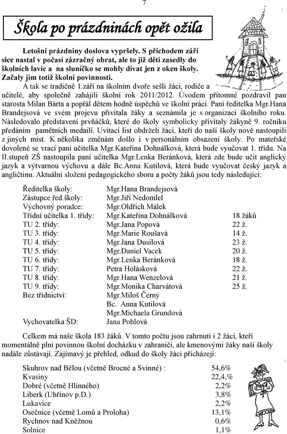 září na školním dvoře sešli ţáci, rodiče a učitelé, aby společně zahájili školní rok 2011/2012. Úvodem přítomné pozdravil pan starosta Milan Bárta a popřál dětem hodně úspěchů ve školní práci.