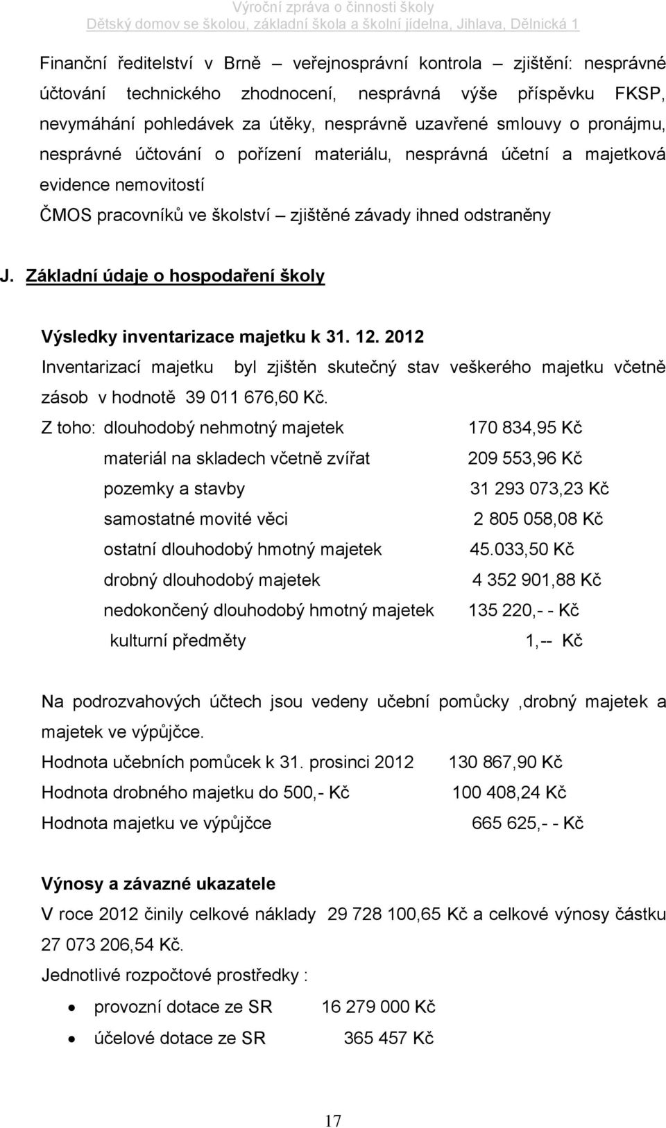 Základní údaje o hospodaření školy Výsledky inventarizace majetku k 31. 12. 2012 Inventarizací majetku byl zjištěn skutečný stav veškerého majetku včetně zásob v hodnotě 39 011 676,60 Kč.