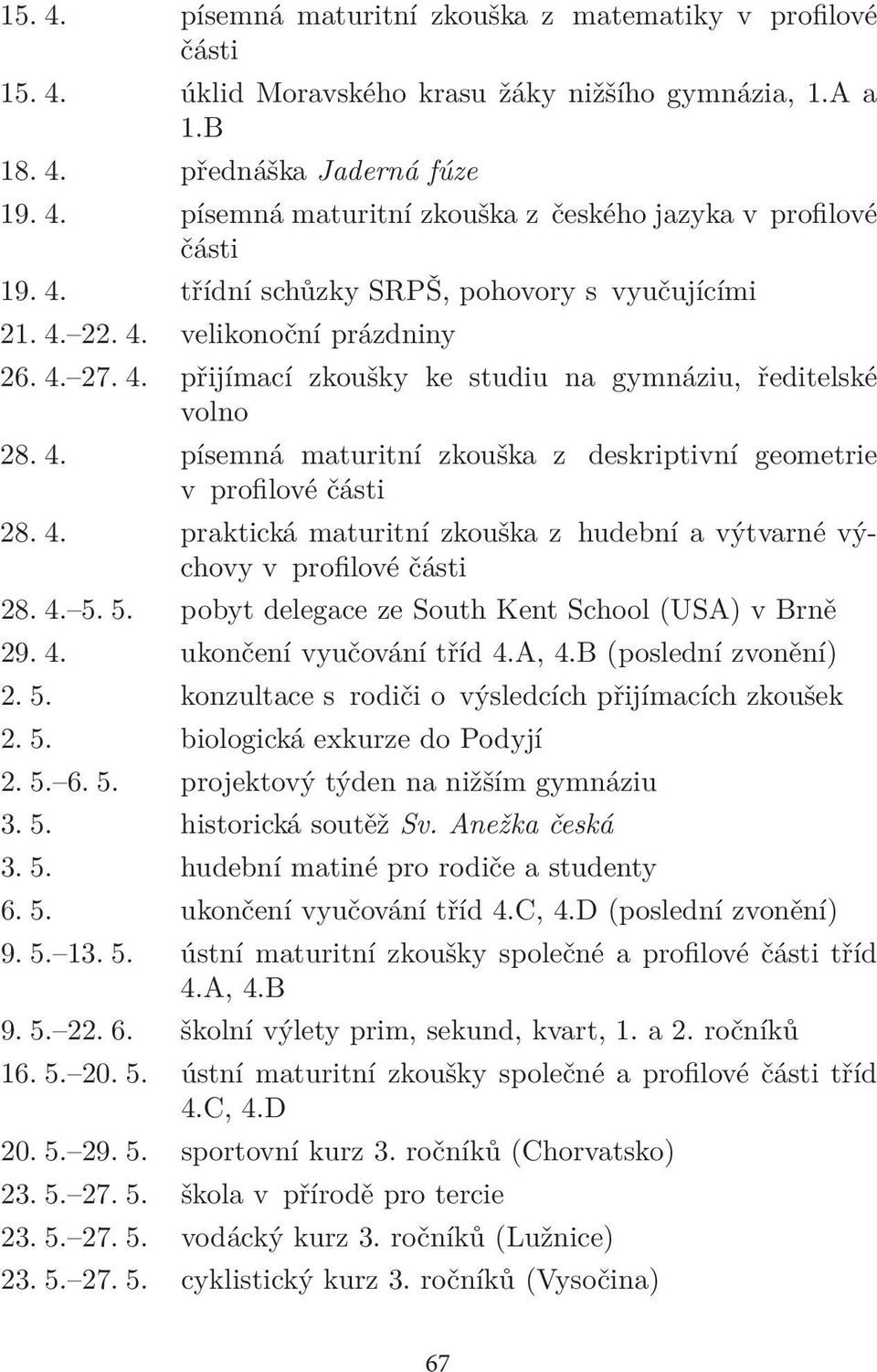 4. praktická maturitní zkouška z hudební a výtvarné výchovy v profilové části 28. 4. 5. 5. pobyt delegace ze South Kent School (USA) v Brně 29. 4. ukončení vyučování tříd 4.A, 4.