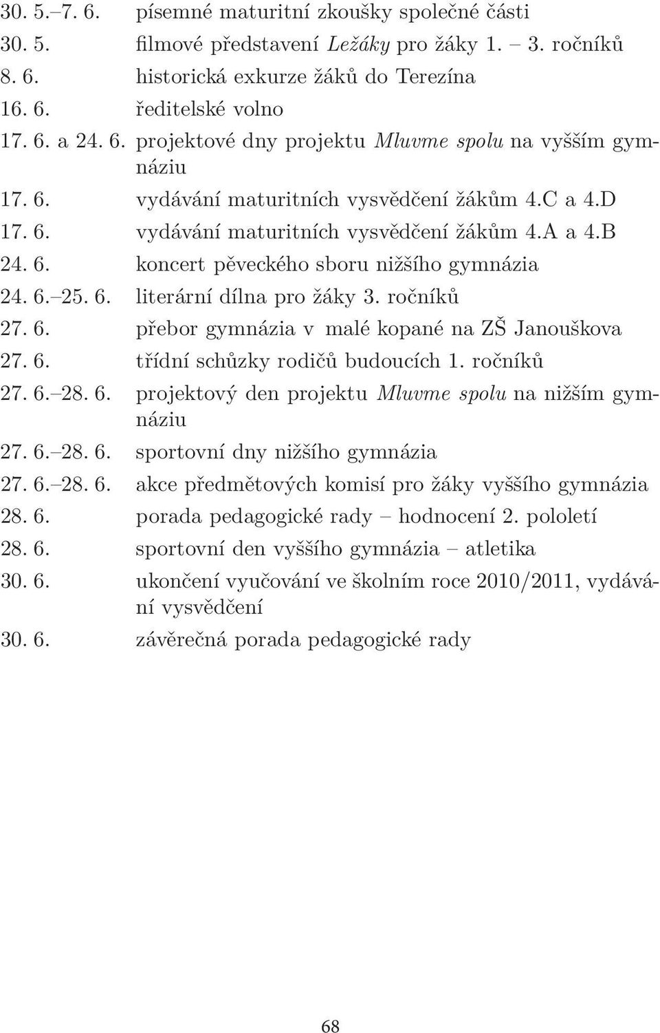 ročníků 27. 6. přebor gymnázia v malé kopané na ZŠ Janouškova 27. 6. třídní schůzky rodičů budoucích 1. ročníků 27. 6. 28. 6. projektový den projektu Mluvme spolu na nižším gymnáziu 27. 6. 28. 6. sportovní dny nižšího gymnázia 27.