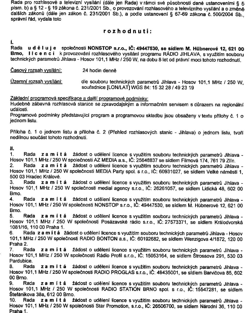 Rada uděluje společnosti NONSTOP s.r.o., IČ: 49447530, se sídlem M.