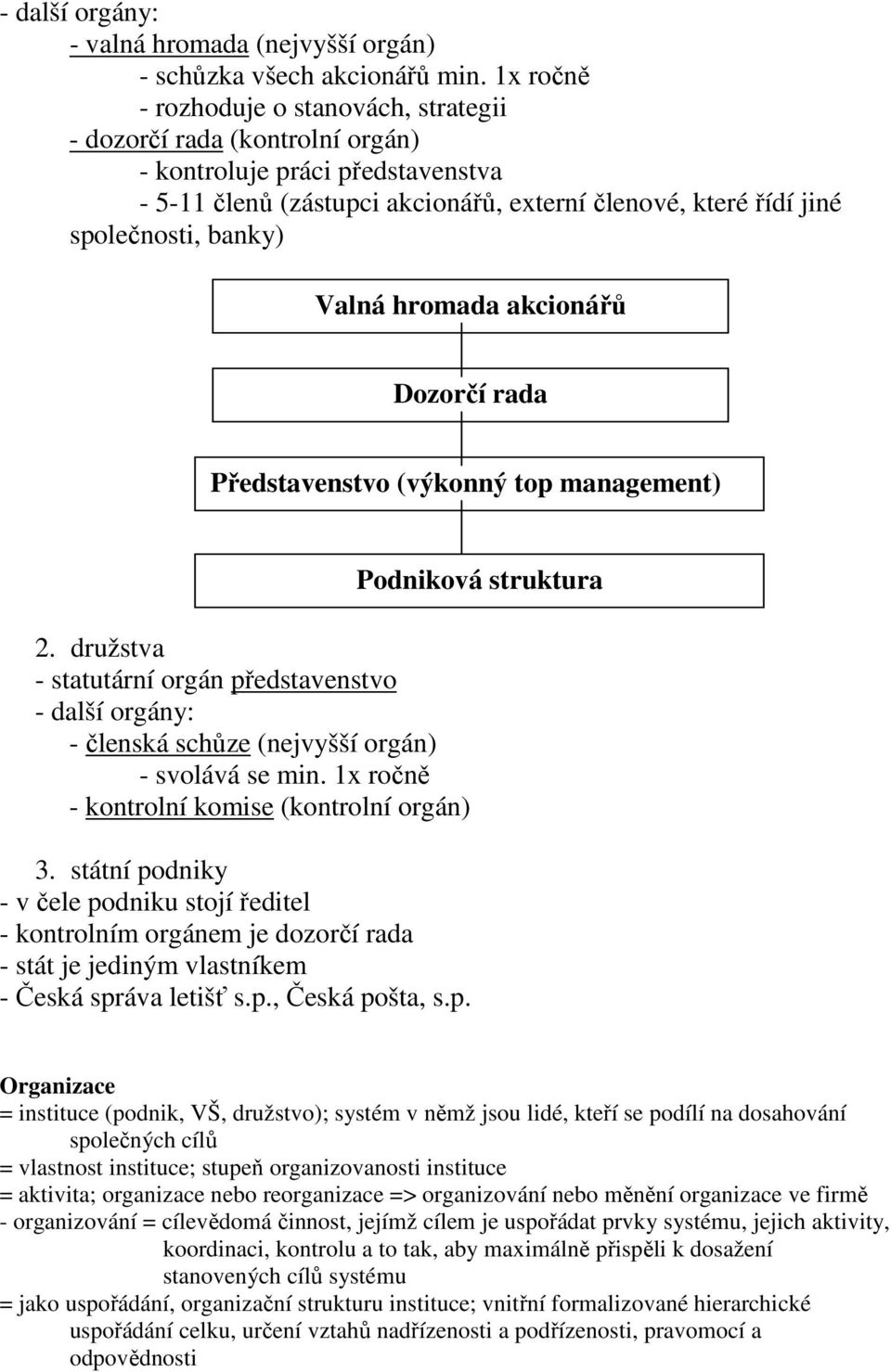 Valná hromada akcionářů Dozorčí rada Představenstvo (výkonný top management) 2. družstva - statutární orgán představenstvo - další orgány: - členská schůze (nejvyšší orgán) - svolává se min.