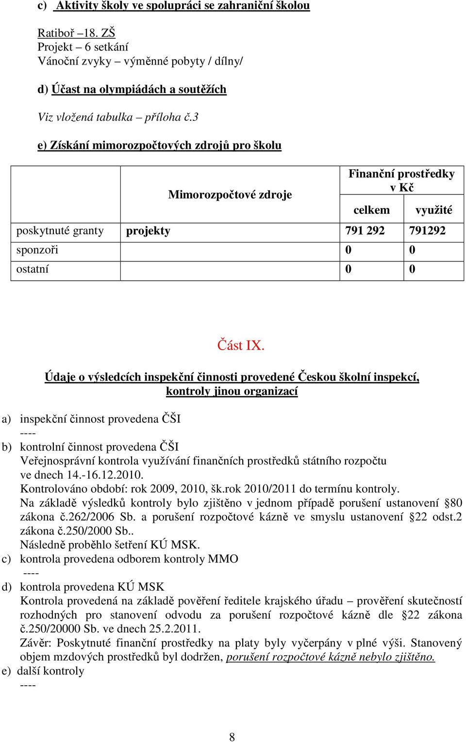 Údaje o výsledcích inspekční činnosti provedené Českou školní inspekcí, kontroly jinou organizací a) inspekční činnost provedena ČŠI ---- b) kontrolní činnost provedena ČŠI Veřejnosprávní kontrola