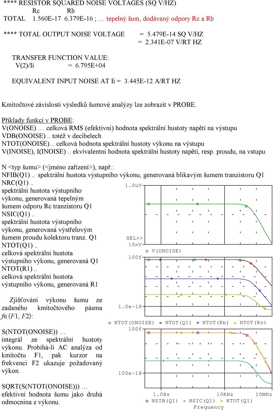 Příklady fnkcí v POBE: V(ONOISE) celková MS (efektvní) hodnota spektrální hstoty napětí na výstp VDB(ONOISE).. totéž v decbelech NTOT(ONOISE).