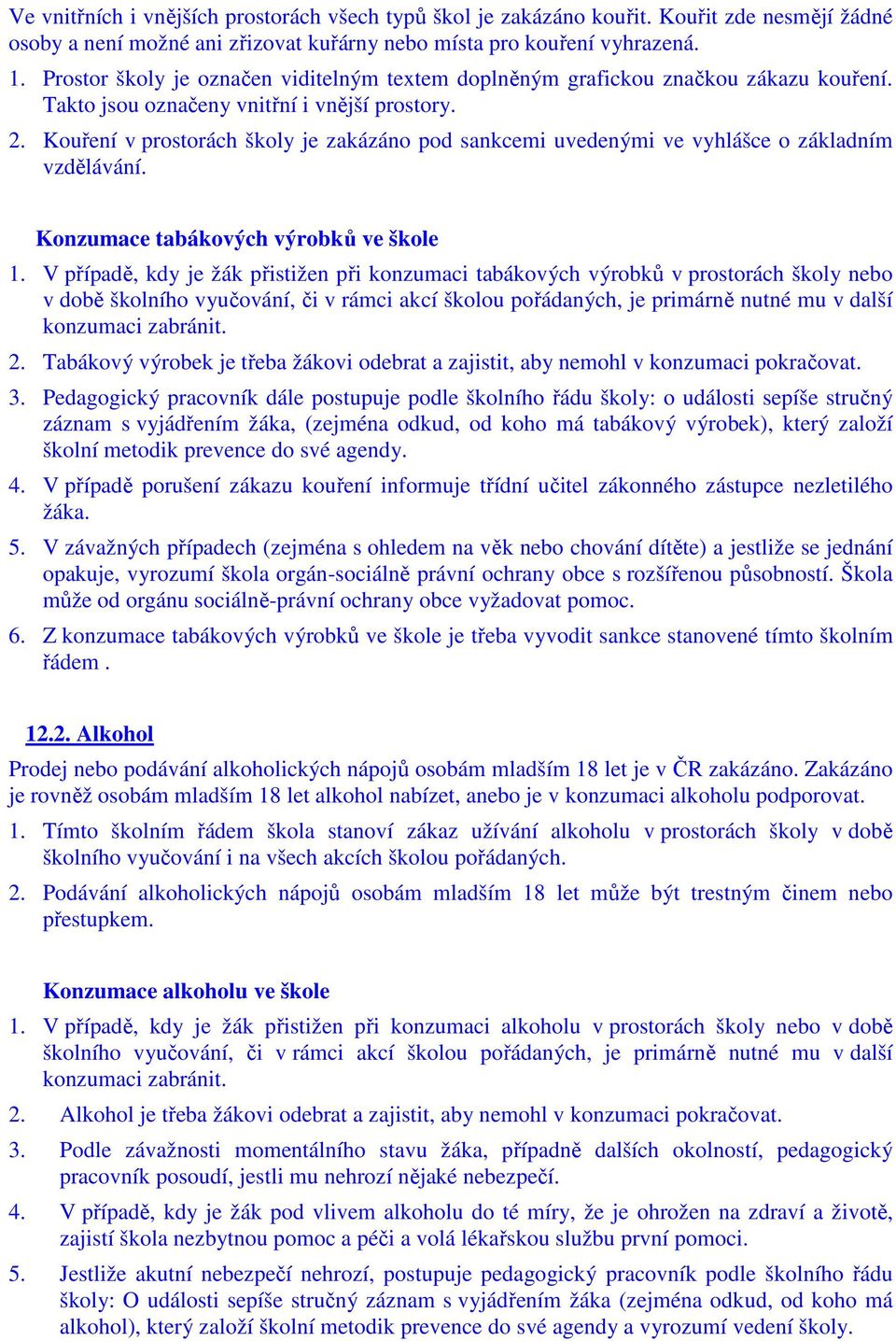 Kouření v prostorách školy je zakázáno pod sankcemi uvedenými ve vyhlášce o základním vzdělávání. Konzumace tabákových výrobků ve škole 1.