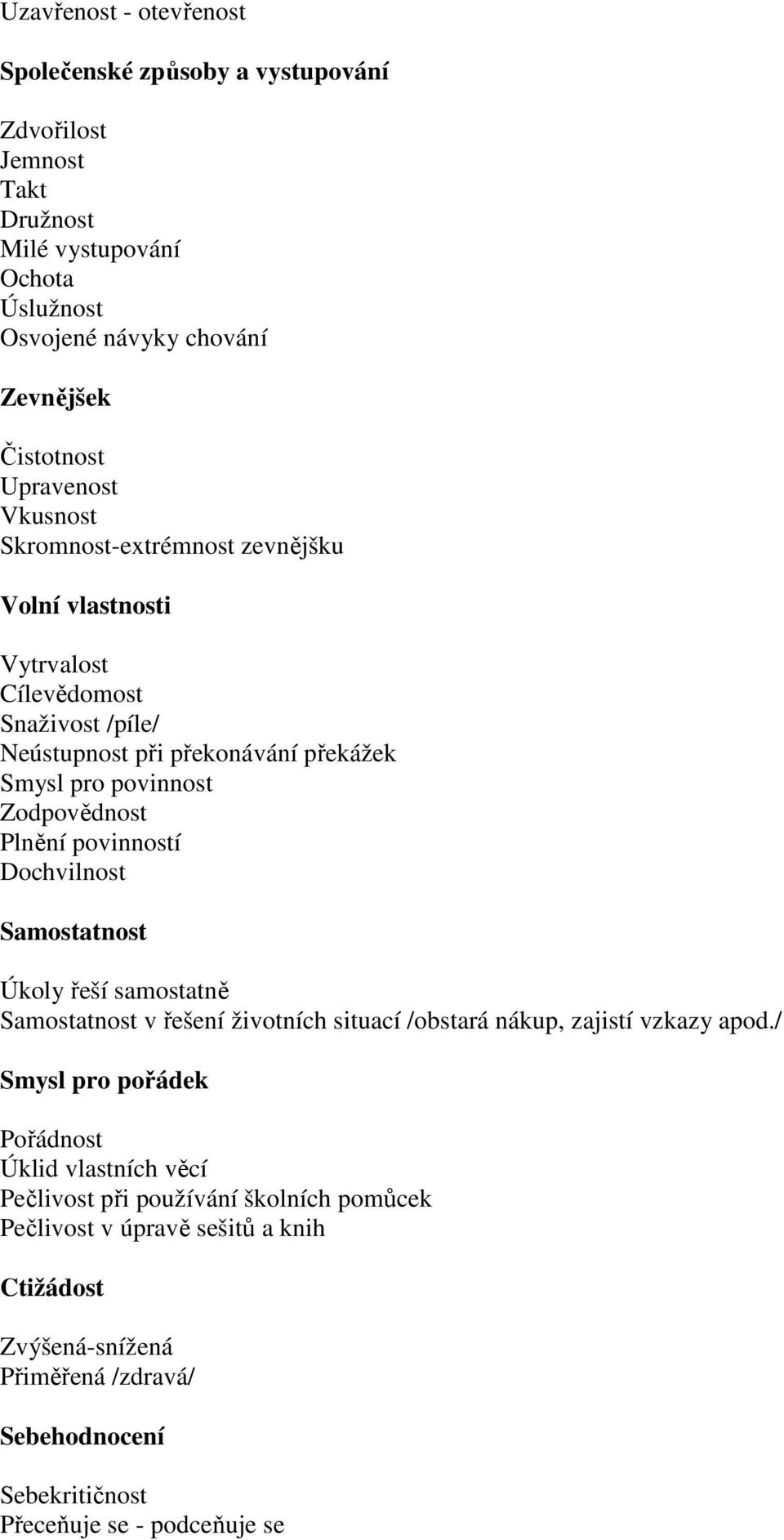 Plnění povinností Dochvilnost Samostatnost Úkoly řeší samostatně Samostatnost v řešení životních situací /obstará nákup, zajistí vzkazy apod.