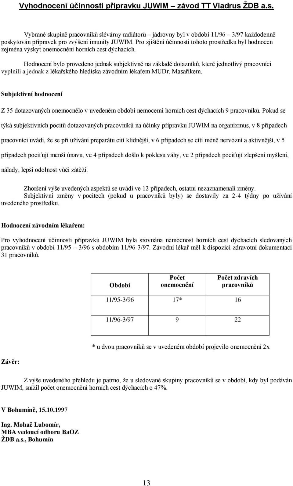 Hodnocení bylo provedeno jednak subjektivně na základě dotazníků, které jednotlivý pracovníci vyplnili a jednak z lékařského hlediska závodním lékařem MUDr. Masaříkem.