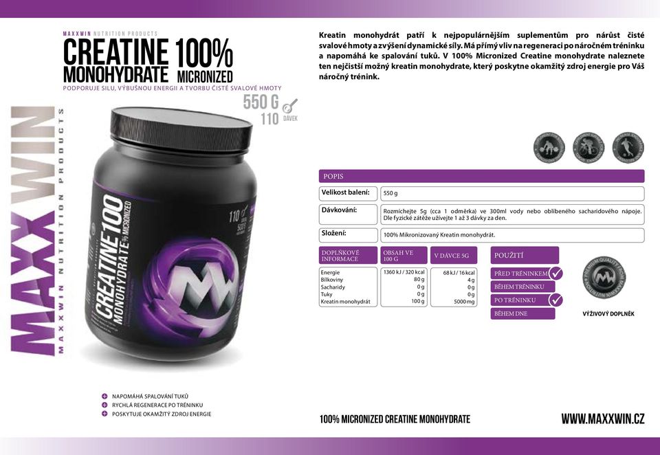 V 100% Micronized Creatine monohydrate naleznete ten nejčistší možný kreatin monohydrate, který poskytne okamžitý zdroj energie pro Váš náročný trénink.