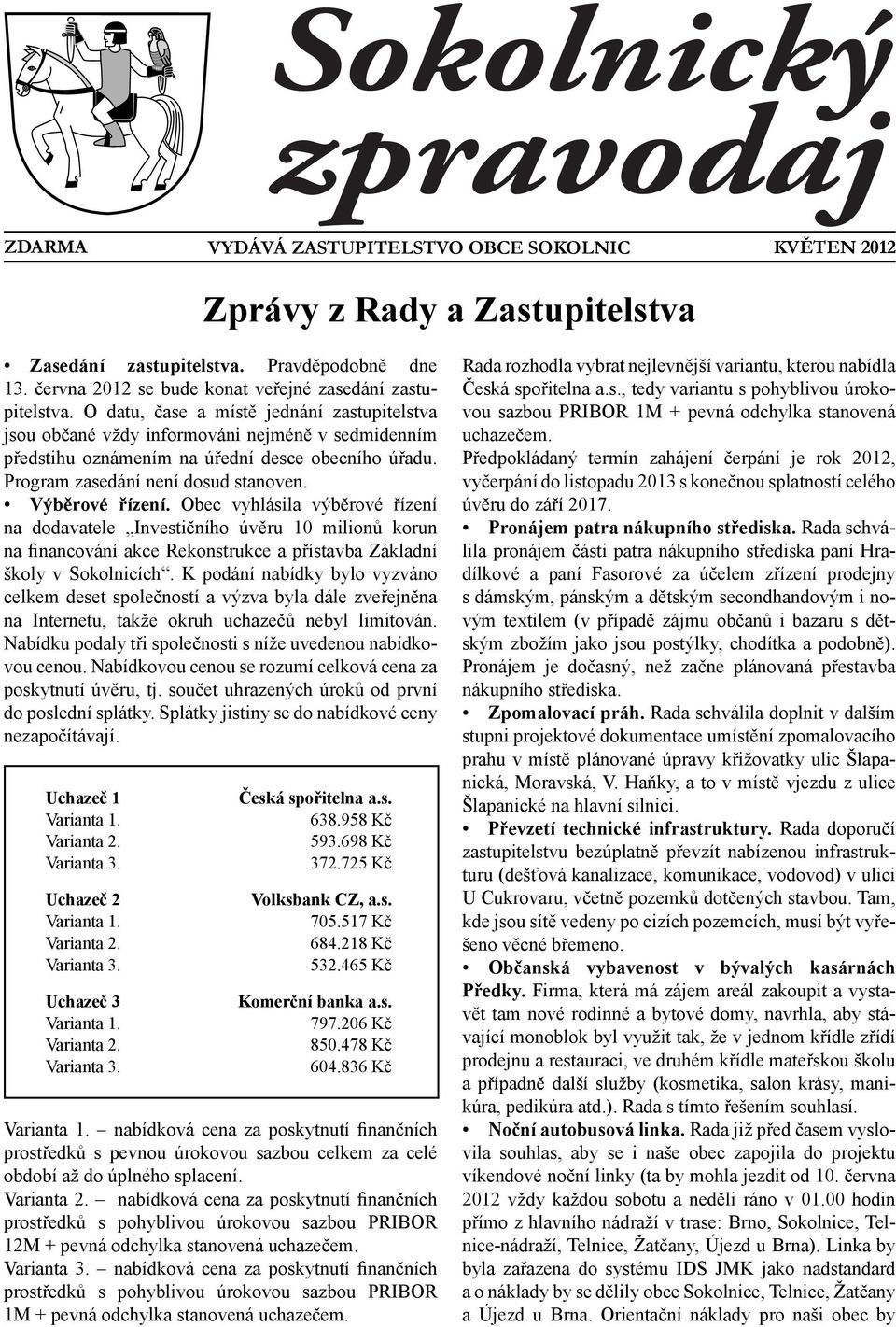 Výběrové řízení. Obec vyhlásila výběrové řízení na dodavatele Investičního úvěru 10 milionů korun na financování akce Rekonstrukce a přístavba Základní školy v Sokolnicích.