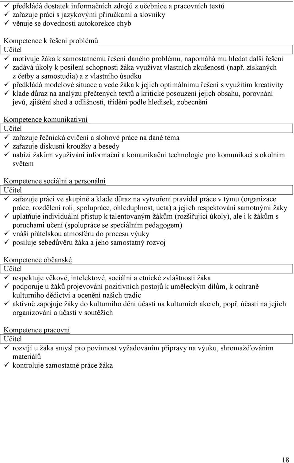 získaných z četby a samostudia) a z vlastního úsudku předkládá modelové situace a vede žáka k jejich optimálnímu řešení s využitím kreativity klade důraz na analýzu přečtených textů a kritické