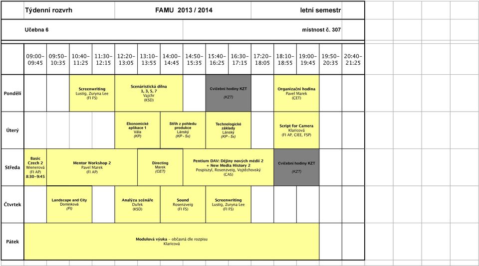 pohledu produkce Lánský (KP - 5x) Technologické základy Lánský (KP - 5x) Script for Camera Klaricová (FI AP, CIEE, FSP) Basic Czech 2 Wienerová (FI AP) 8:30-9:45 Mentor