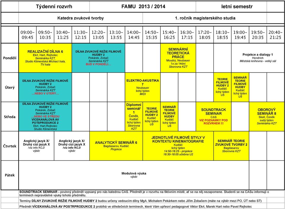 velký sál NEBO V ÚTERÝ 7 SEMINÁŘ HUDBY NEBO VE STŘEDU VÍCEKANÁLOVÁ AV POTSPRODUKCE 2 Ekrt, Hart,Rejholec Studio Klimentská Diplomní seminář 1 Čeněk, Sborovna KZT SEMINÁŘ HUDBY SOUNDTRACK SEMINAR CAS