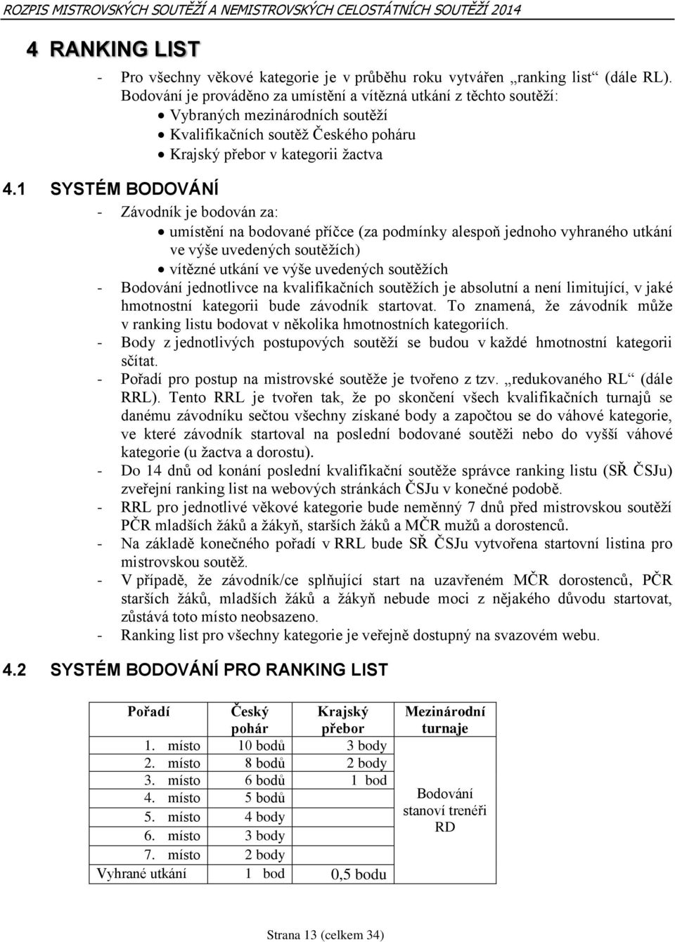 1 SYSTÉM BODOVÁNÍ - Závodník je bodován za: umístění na bodované příčce (za podmínky alespoň jednoho vyhraného utkání ve výše uvedených soutěžích) vítězné utkání ve výše uvedených soutěžích -