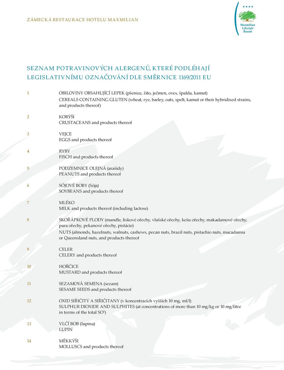thereof 5 PODZEMNICE OLEJNÁ (arašídy) PEANUTS and products thereof 6 SÓJOVÉ BOBY (Sója) SOYBEANS and products thereof 7 MLÉKO milk and products thereof (including lactose) 8 SKOŘÁPKOVÉ PLODY (mandle,