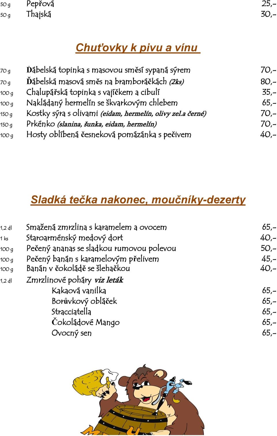 a černé) 70,- 150 g Prkénko (slanina, šunka, eidam, hermelín) 70,- 100 g Hosty oblíbená česneková pomázánka s pečivem 40,- Sladká tečka nakonec, moučníky-dezerty 1,2 dl Smaţená zmrzlina s karamelem a