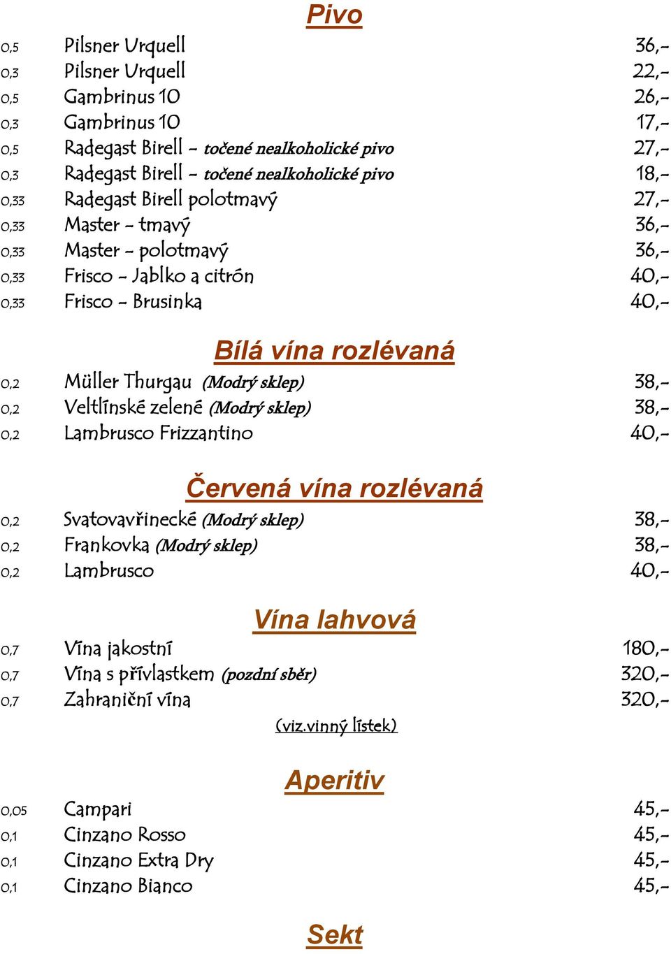 (Modrý sklep) 38,- 0,2 Veltlínské zelené (Modrý sklep) 38,- 0,2 Lambrusco Frizzantino 40,- Červená vína rozlévaná 0,2 Svatovavřinecké (Modrý sklep) 38,- 0,2 Frankovka (Modrý sklep) 38,- 0,2 Lambrusco