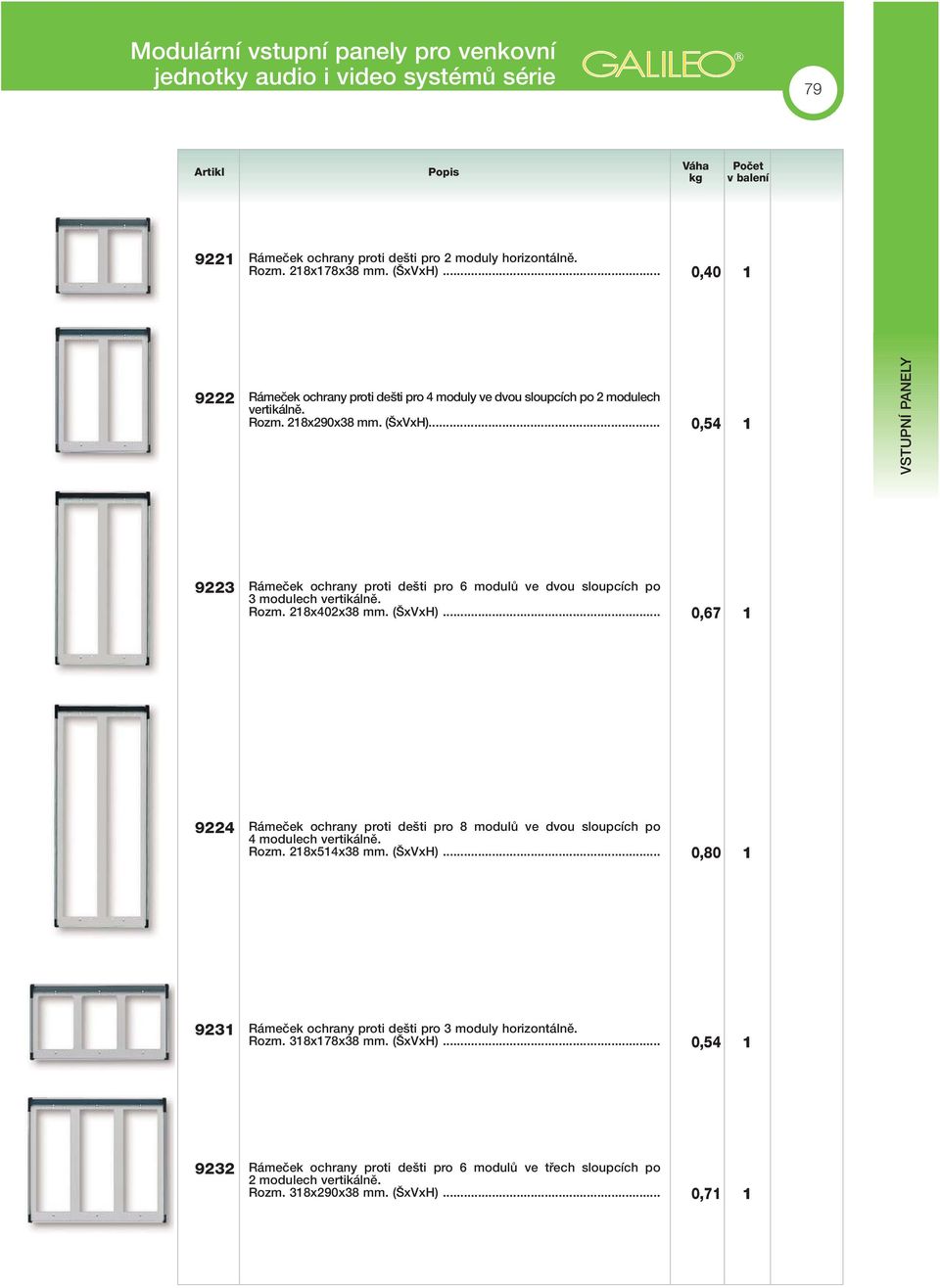 .. 0,54 1 VSTUPNÍ PANELY 9223 Rámeãek ochrany proti de ti pro 6 modulû ve dvou sloupcích po 3 modulech vertikálnû. Rozm. 218x402x38 mm. ( xvxh).