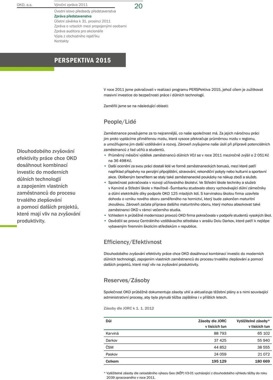 Zaměřili jsme se na následující oblasti: People/Lidé Dlouhodobého zvyšování efektivity práce chce OKD dosáhnout kombinací investic do moderních důlních technologií a zapojením vlastních zaměstnanců