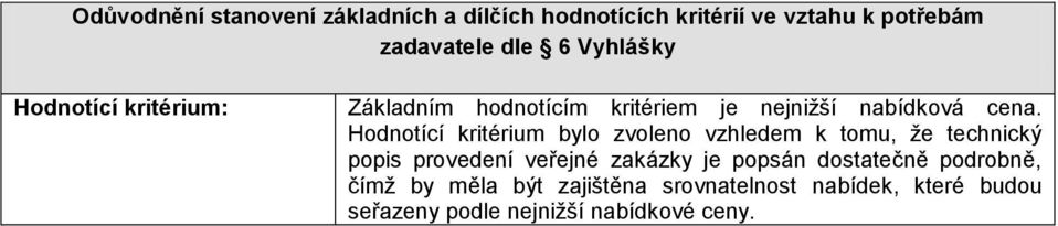 Hodnotící kritérium bylo zvoleno vzhledem k tomu, že technický popis provedení veřejné zakázky je popsán