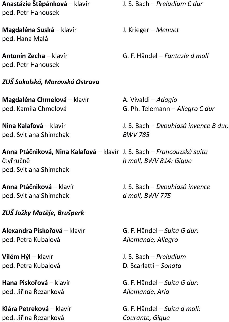 Svitlana Shimchak J. S. Bach Francouzská suita h moll, BWV 814: Gigue Anna Ptáčniková klavír ped. Svitlana Shimchak J. S. Bach Dvouhlasá invence d moll, BWV 775 ZUŠ Jožky Matěje, Brušperk Alexandra Piskořová klavír ped.