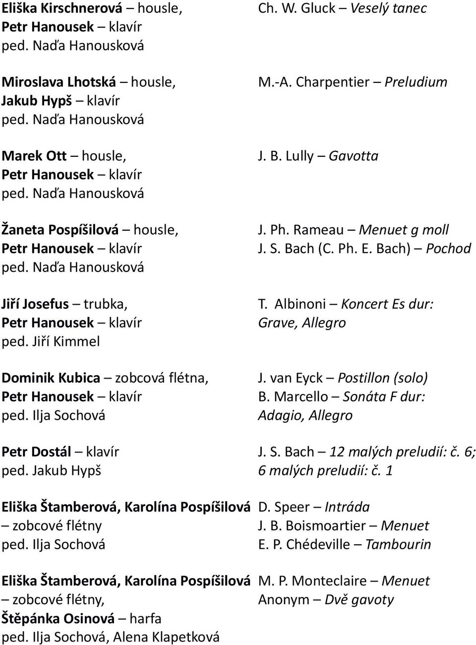 Ilja Sochová Petr Dostál klavír ped. Jakub Hypš Ch. W. Gluck Veselý tanec M.-A. Charpentier Preludium J. B. Lully Gavotta J. Ph. Rameau Menuet g moll J. S. Bach (C. Ph. E. Bach) Pochod T.