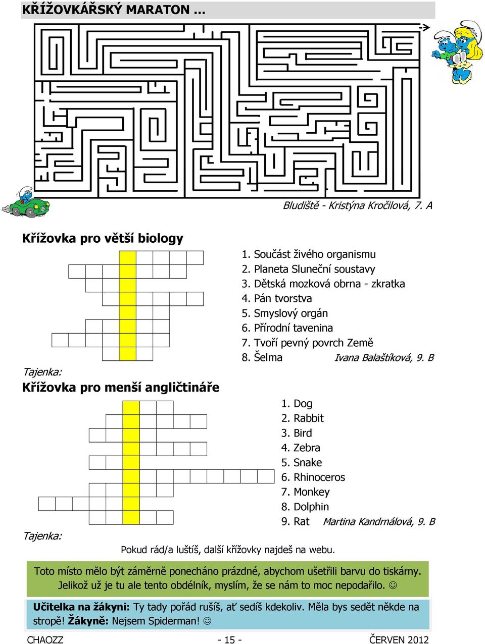 B 1. Dog 2. Rabbit 3. Bird 4. Zebra 5. Snake 6. Rhinoceros 7. Monkey 8. Dolphin 9. Rat Martina Kandrnálová, 9. B Toto místo mělo být záměrně ponecháno prázdné, abychom ušetřili barvu do tiskárny.