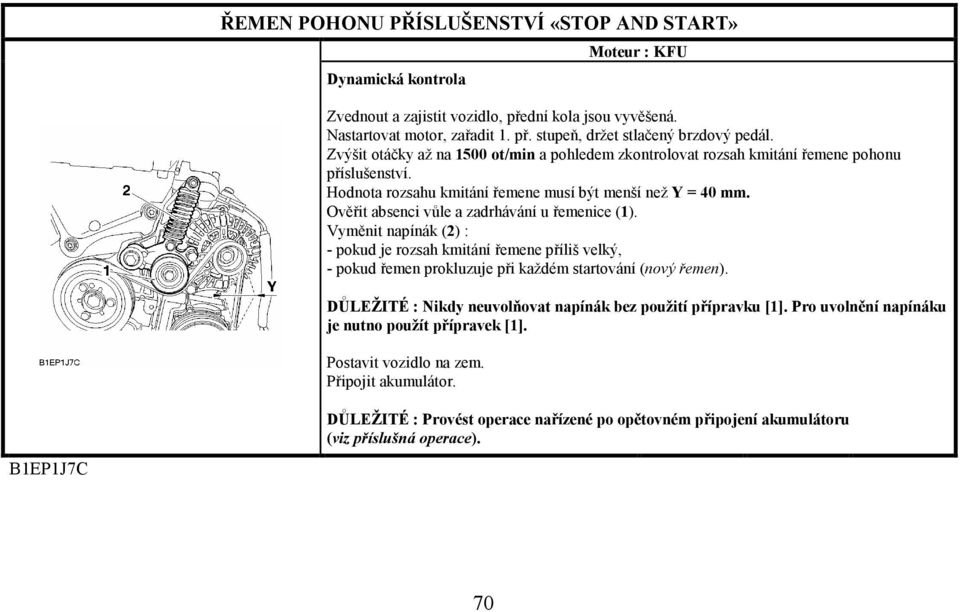 Ověřit absenci vůle a zadrhávání u řemenice (1). Vyměnit napínák (2) : - pokud je rozsah kmitání řemene příliš velký, - pokud řemen prokluzuje při každém startování (nový řemen).