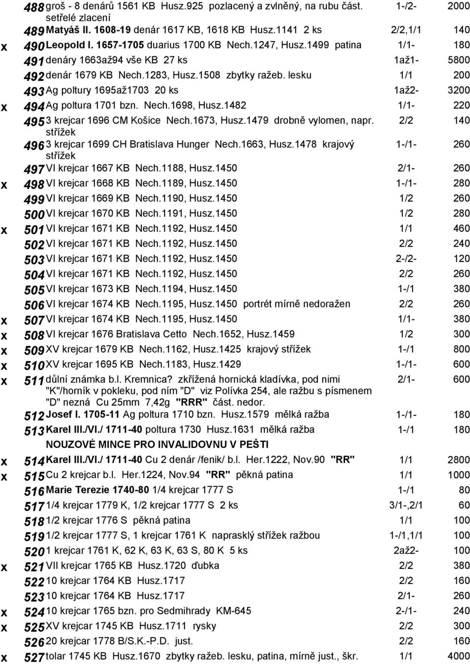 lesku 1/1 200 493 Ag poltury 1695až1703 20 ks 1až2-3200 x 494 Ag poltura 1701 bzn. Nech.1698, Husz.1482 1/1-220 495 3 krejcar 1696 CM Košice Nech.1673, Husz.1479 drobně vylomen, napr.