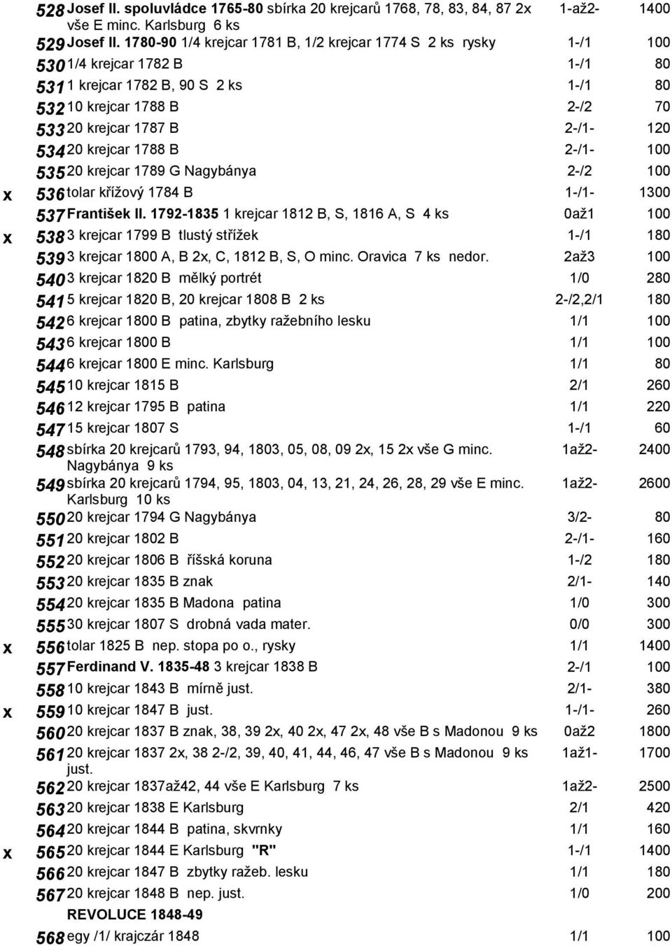 534 20 krejcar 1788 B 2-/1-100 535 20 krejcar 1789 G Nagybánya 2-/2 100 x 536 tolar křížový 1784 B 1-/1-1300 537 František II.
