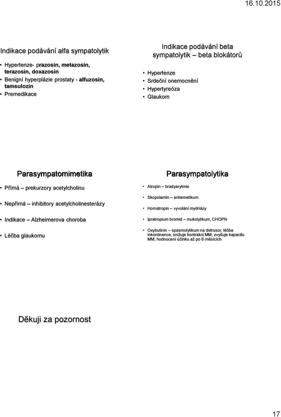 acetylcholinesterázy Indikace Alzheimerova choroba Léčba glaukomu Atropin bradyarytmie Parasympatolytika Skopolamin antiemetikum Homatropin vyvolání mydriázy Ipratropium