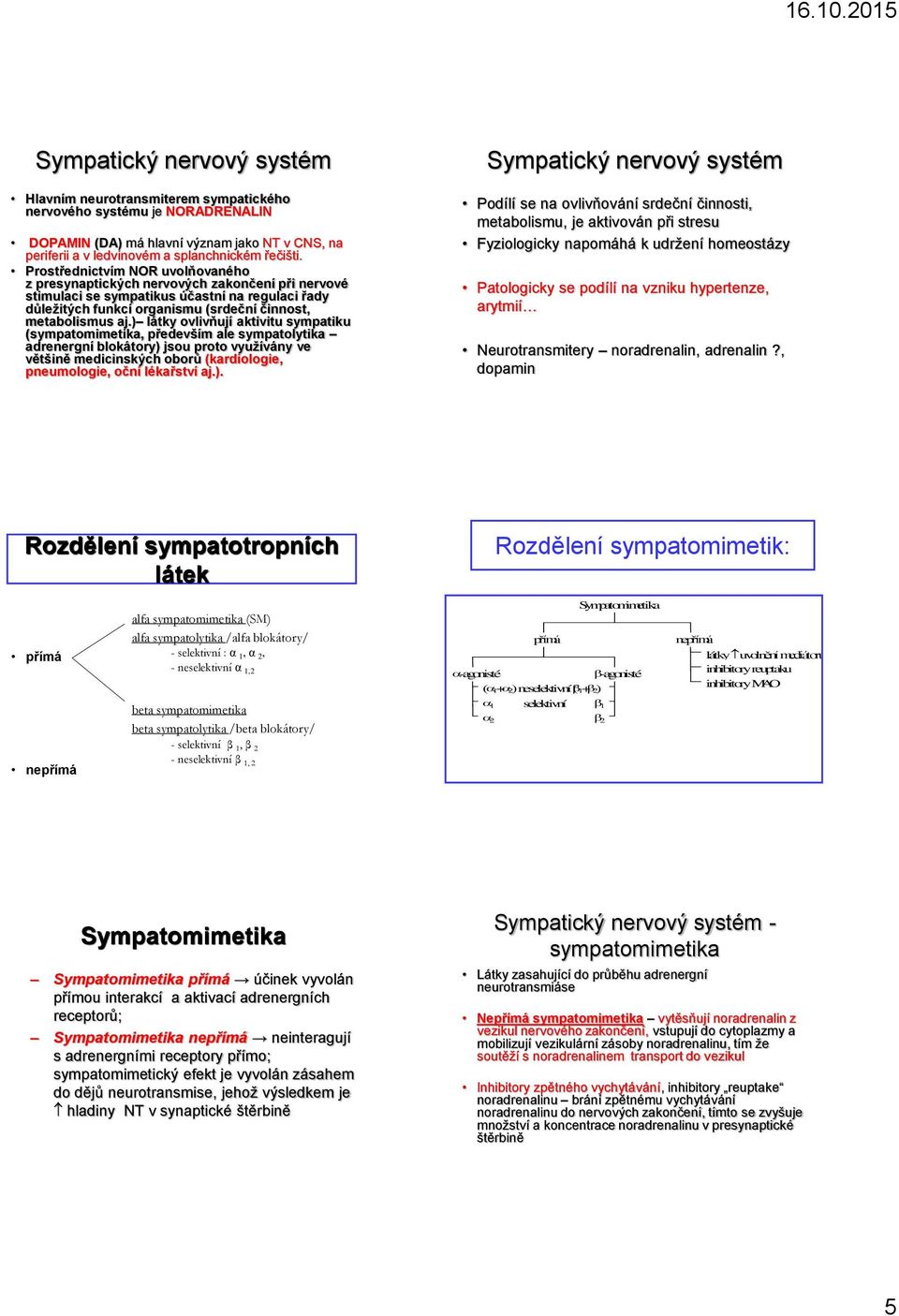 ) látky ovlivňují aktivitu sympatiku (sympatomimetika, především ale sympatolytika adrenergní blokátory) jsou proto využívány ve většině medicinských oborů (kardiologie, pneumologie, oční lékařství