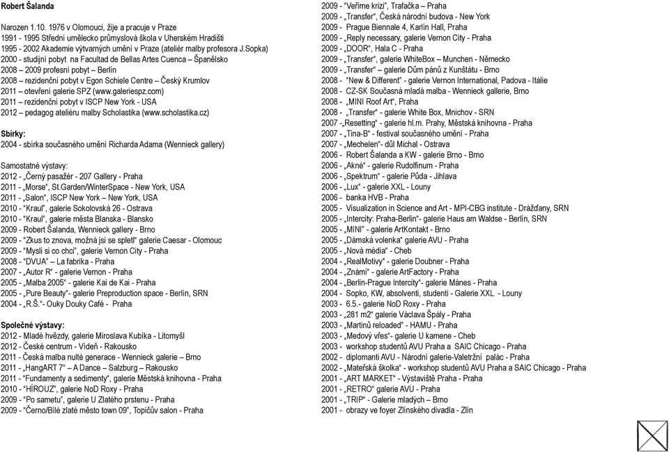 Sopka) 2000 - studijní pobyt na Facultad de Bellas Artes Cuenca Španělsko 2008 2009 profesní pobyt Berlín 2008 rezidenční pobyt v Egon Schiele Centre Český Krumlov 2011 otevření galerie SPZ (www.