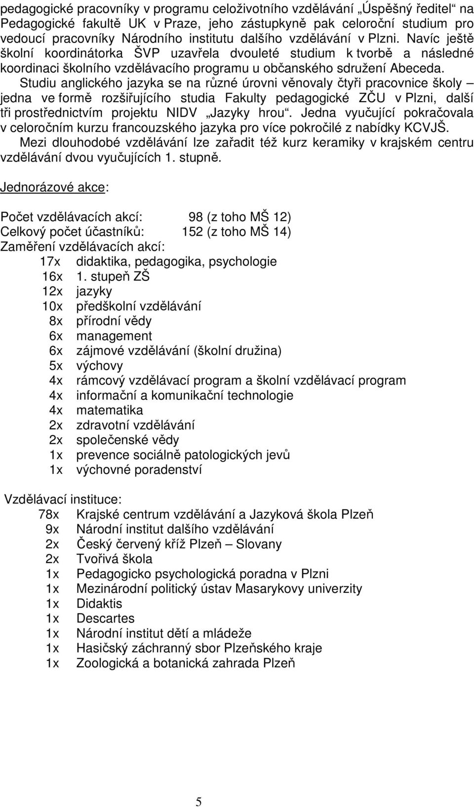 Studiu anglického jazyka se na různé úrovni věnovaly čtyři pracovnice školy jedna ve formě rozšiřujícího studia Fakulty pedagogické ZČU v Plzni, další tři prostřednictvím projektu NIDV Jazyky hrou.