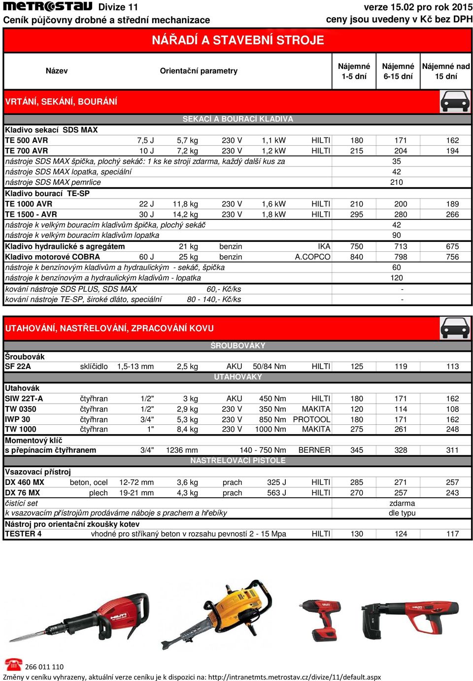 22 J 11,8 kg 230 V 1,6 kw HILTI 210 200 189 TE 1500 AVR 30 J 14,2 kg 230 V 1,8 kw HILTI 295 280 266 nástroje k velkým bouracím kladivům špička, plochý sekáč nástroje k velkým bouracím kladivům