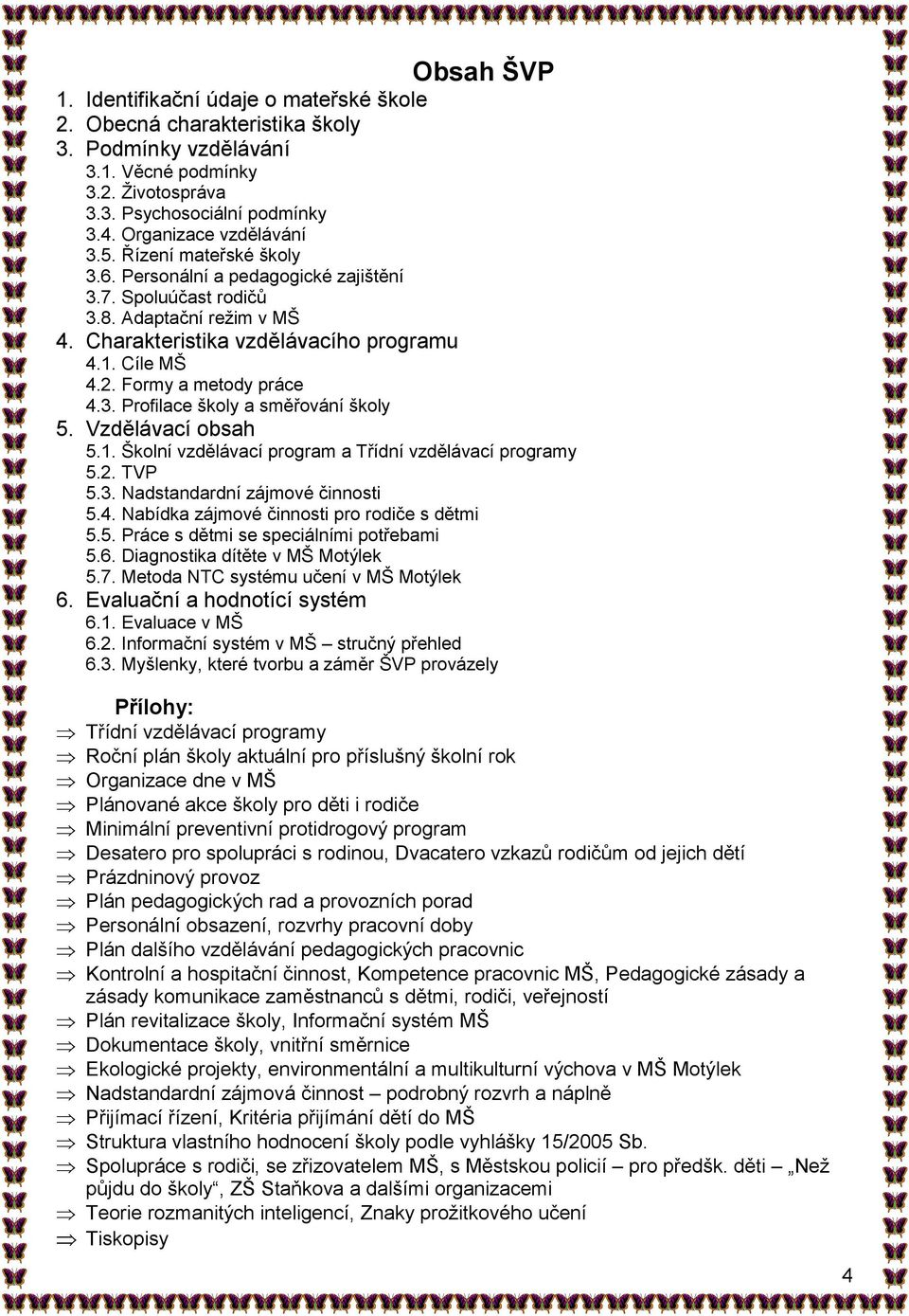 Formy a metody práce 4.3. Profilace školy a směřování školy 5. Vzdělávací obsah 5.1. Školní vzdělávací program a Třídní vzdělávací programy 5.2. TVP 5.3. Nadstandardní zájmové činnosti 5.4. Nabídka zájmové činnosti pro rodiče s dětmi 5.