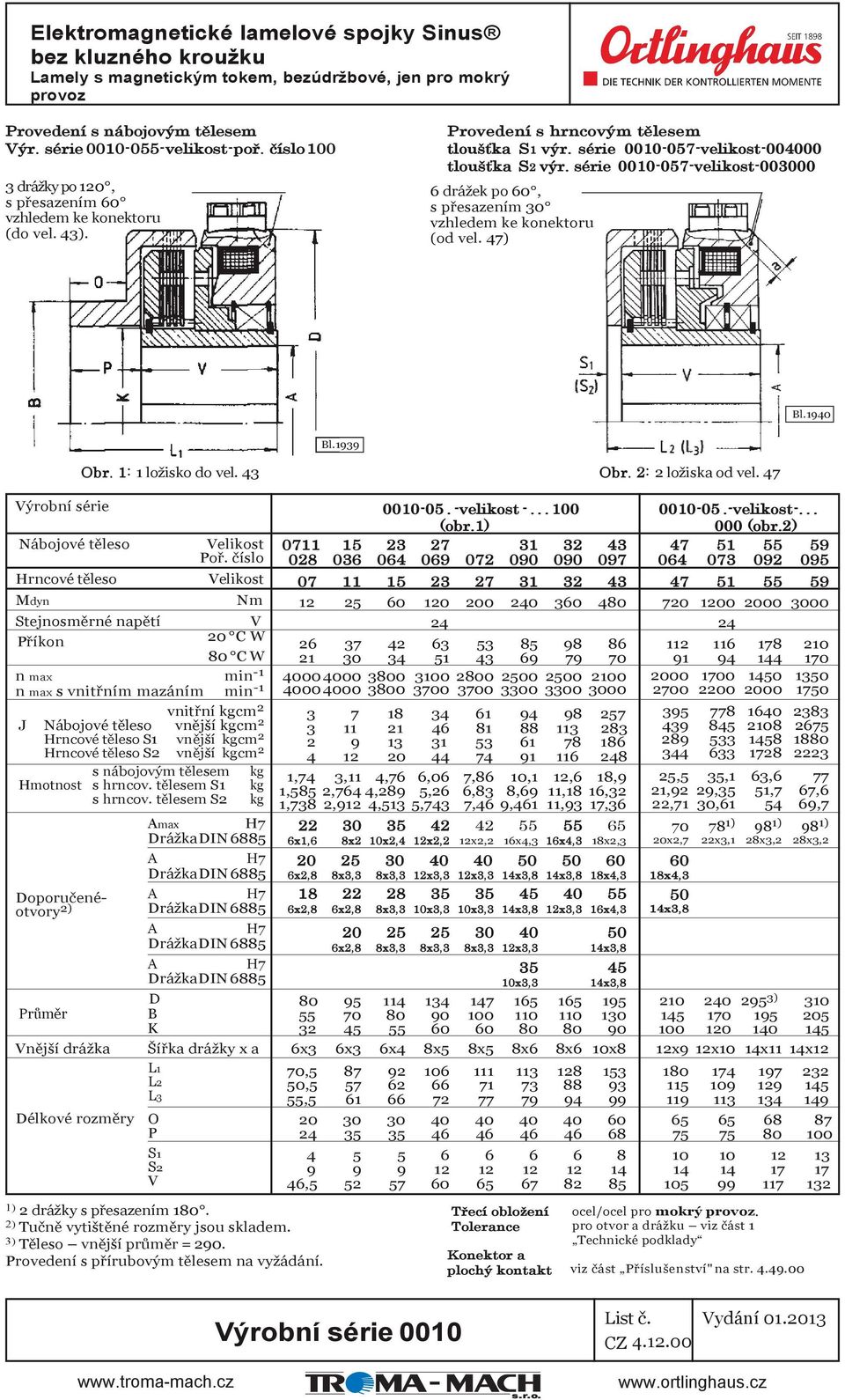 série 0010-057-velikost-003000 6 drážek po 60, s přesazením 30 vzhledem ke konektoru (od vel. 47) Bl.1940 Obr. 1: 1 ložisko do vel. 43 Obr. 2: 2 ložiska od vel. 47 ýrobní série 0010-05. -velikost -.