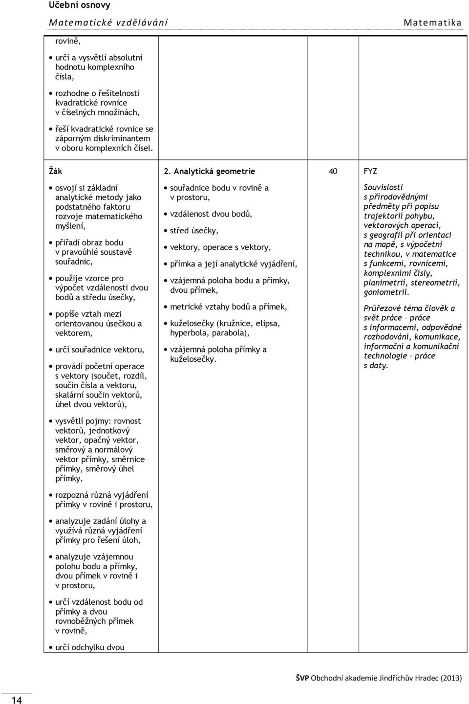 osvojí si základní analytické metody jako podstatného faktoru rozvoje matematického myšlení, přiřadí obraz bodu v pravoúhlé soustavě souřadnic, použije vzorce pro výpočet vzdálenosti dvou bodů a