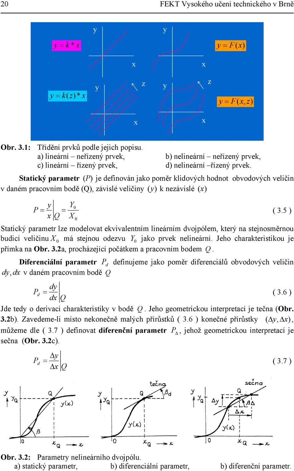 Statický parametr ( P ) je definován jako poměr klidových hodnot obvodových veličin v daném pracovním bodě (Q), závislé veličiny ( y ) k nezávislé ( x ) y Y P = = 0 ( 3.