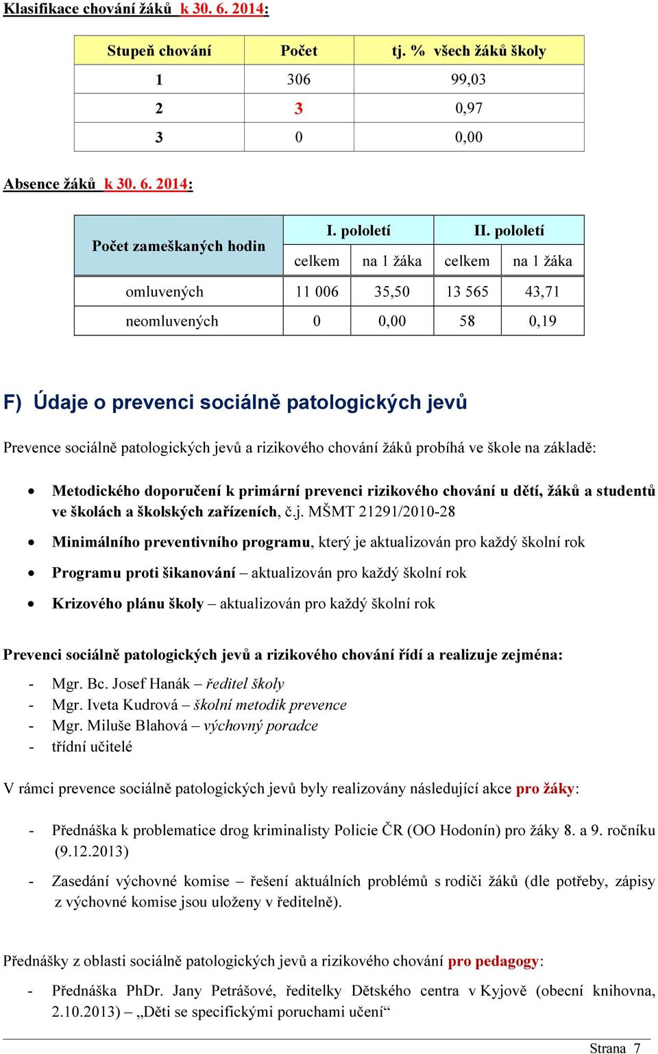 rizikového chování žáků probíhá ve škole na základě: Metodického doporučení k primární prevenci rizikového chování u dětí, žáků a studentů ve školách a školských zařízeních, č.j.