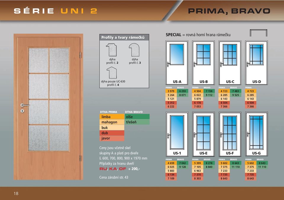 US-D PRIMA limba mahagon buk dub javor BRAVO olše třešeň Ceny jsou včetně skel skupiny A a platí pro dveře š.