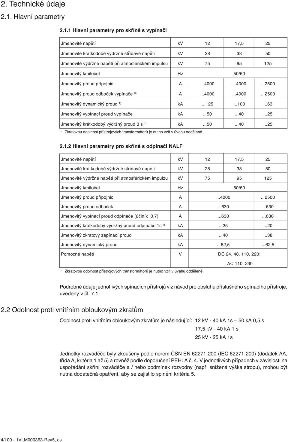 1 Hlavní parametry pro skříně s vypínači Jmenovité napětí kv 12 17,5 25 Jmenovité krátkodobé výdržné střídavé napětí kv 28 38 50 Jmenovité výdržné napětí při atmosférickém impulsu kv 75 95 125