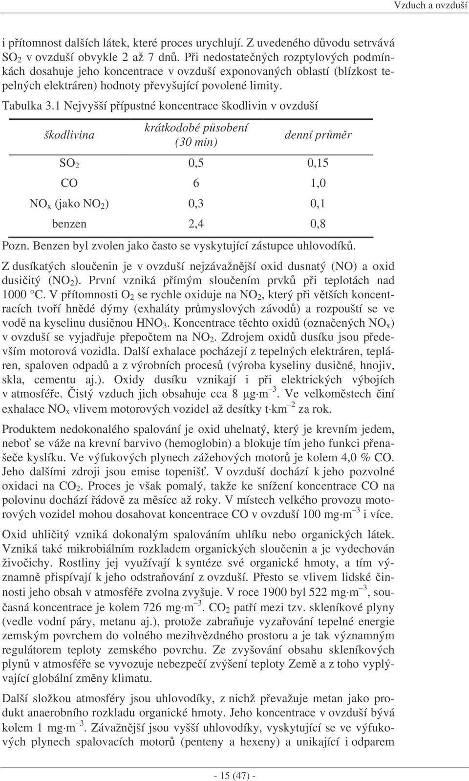 1 Nejvyšší pípustné koncentrace škodlivin v ovzduší škodlivina krátkodobé psobení (30 min) denní prmr SO 2 0,5 0,15 CO 6 1,0 NO x (jako NO 2 ) 0,3 0,1 benzen 2,4 0,8 Pozn.