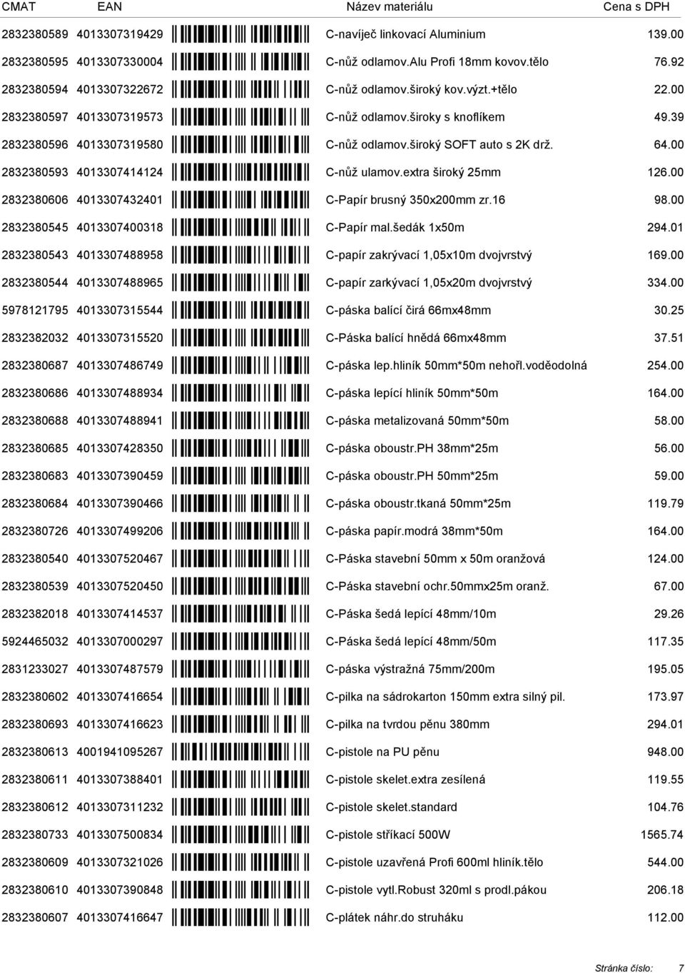 00 2832380606 4013307432401 C-Papír brusný 350x200mm zr.16 98.00 2832380545 4013307400318 C-Papír mal.šedák 1x50m 294.01 2832380543 4013307488958 C-papír zakrývací 1,05x10m dvojvrstvý 169.